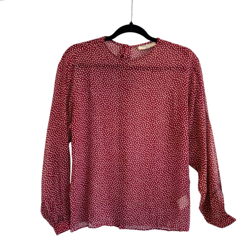 Vintage Giorgio Armani Silk Polka Dot Blouse Red White Sheer Button Back Italy